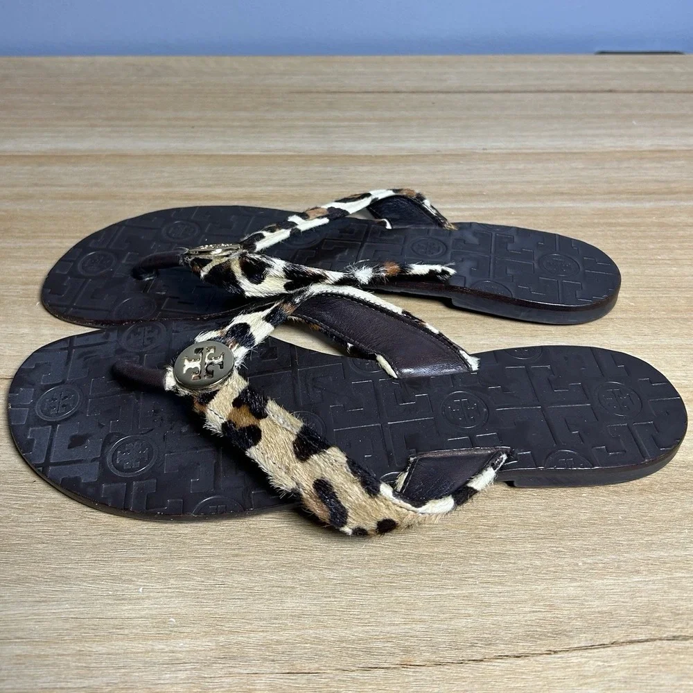 Tory Burch Pony Hair Black Brown Leopard Thong Logo Medallion Slip On Sandals